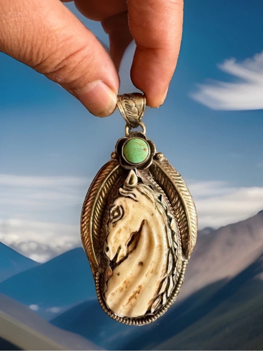 Hand Carved Bone Pendant,Horse Face Art,Natural Turquoise & Silver,3.7”in,32gram